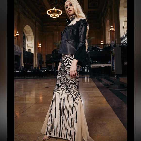 Art deco sequin black and beige mesh mermaid fit flare long skirt - Picture 5 of 11